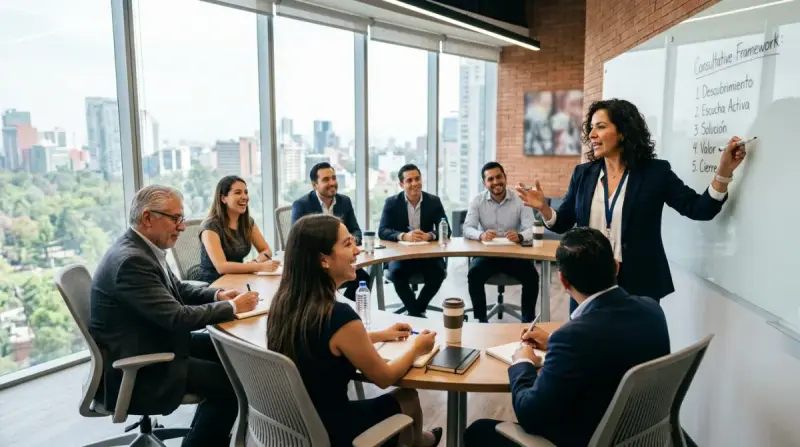 Sesión de capacitación en ventas consultivas para un equipo comercial