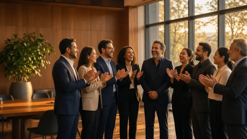 Grupo de asesores aplaudiendo durante un taller de ventas