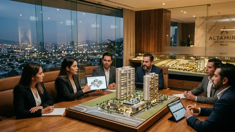 Asesores inmobiliarios capacitándose con maquetas de desarrollos y tablets con IA