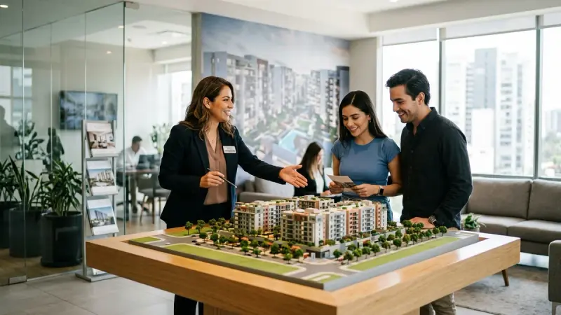 Director comercial de una desarrolladora compara opciones de capacitación para su equipo de asesores inmobiliarios.