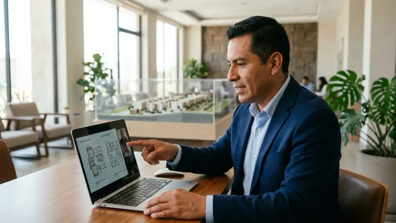 Asesor inmobiliario atiende por videollamada a un comprador de otra ciudad.