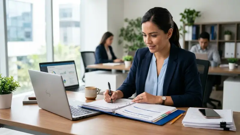 Responsable de recursos humanos revisa las constancias de capacitación de su equipo.