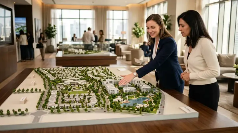 Asesor mostrando maqueta de un desarrollo inmobiliario en etapa de preventa
