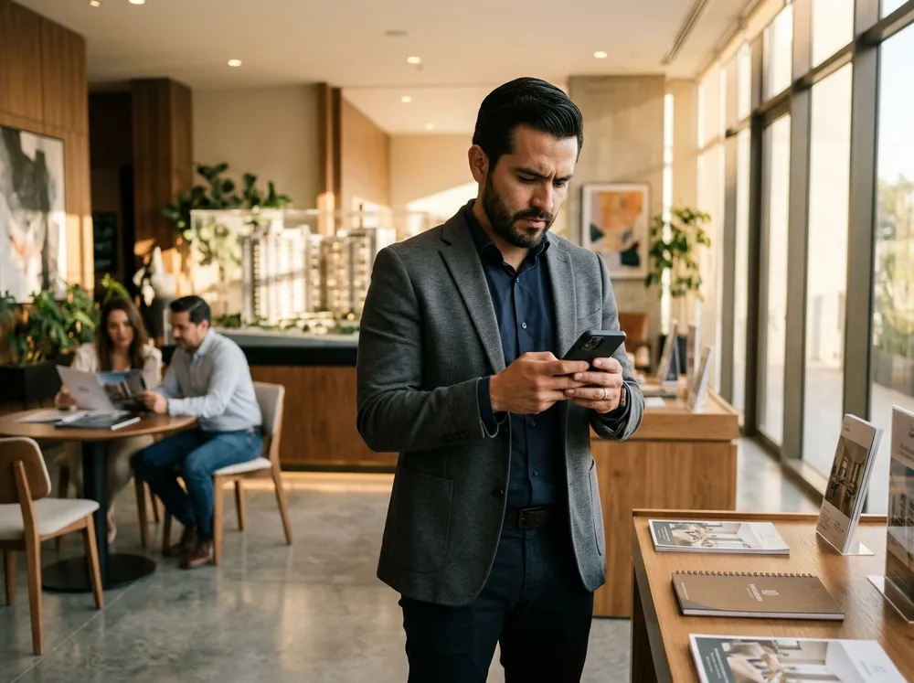 Asesor inmobiliario prepara con IA en su teléfono la cita con un comprador antes de un recorrido.